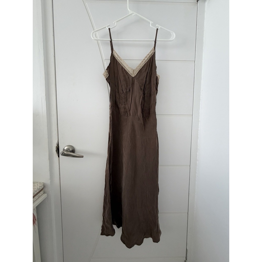 United Colors of Benetton Slip Dress Women XS Brown Y2K 90s Lace Cupro Midi